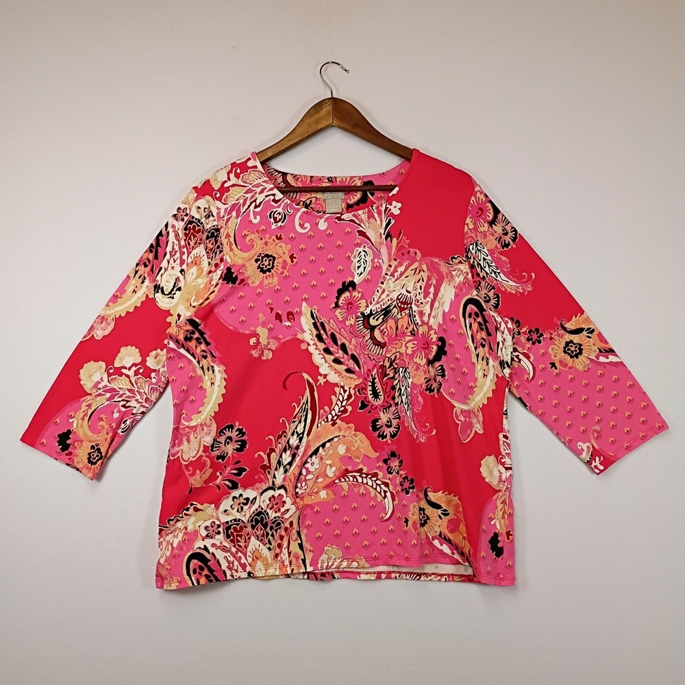 Boho Paisley Chico's Womens Size 3 XL Pink Red 3/4 Sleeve Cotton Stretch Top